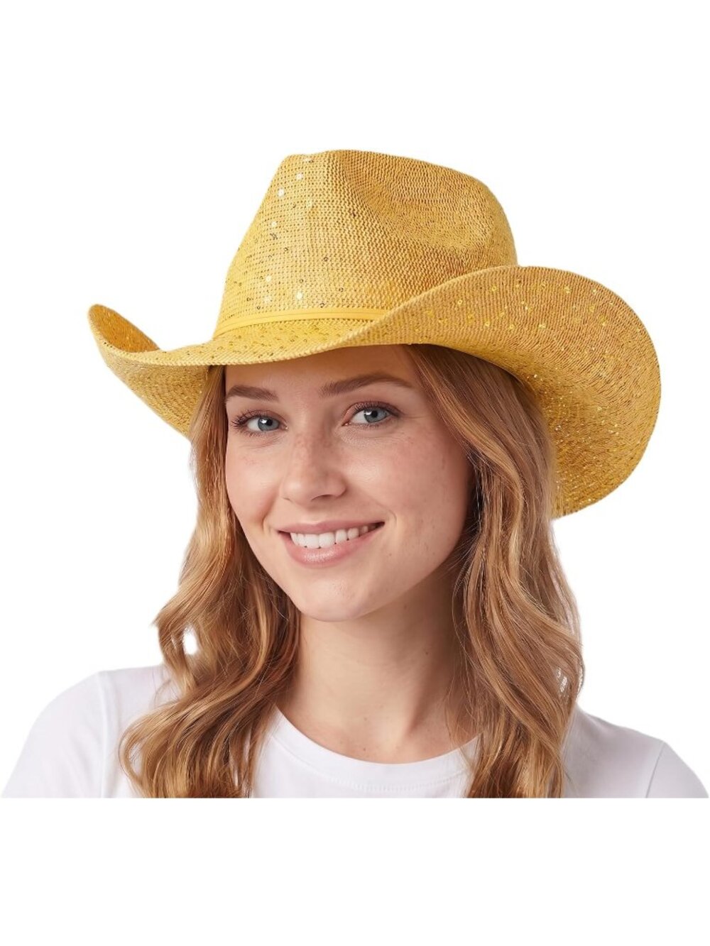Women's Yellow Sparkly Sequin Suede String Trim Party Cowboy Western Hat